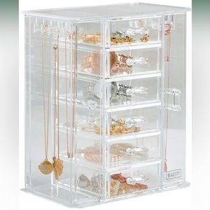 Clear Acrylic Jewelry Organizer Storage Box with 6 Drawers & Hanging Necklace